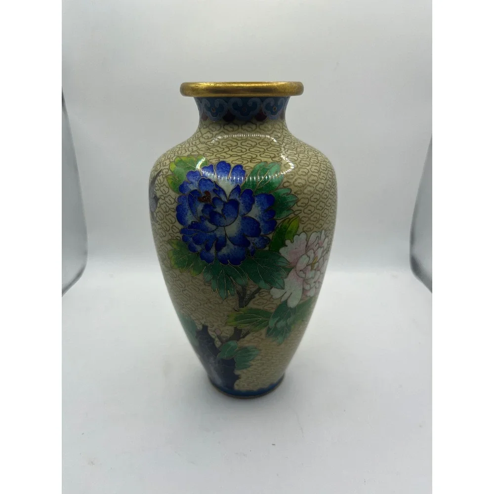 Vintage Cloisonne Vase‎ Floral Bird Design Gold Rimmed Accent Decor
